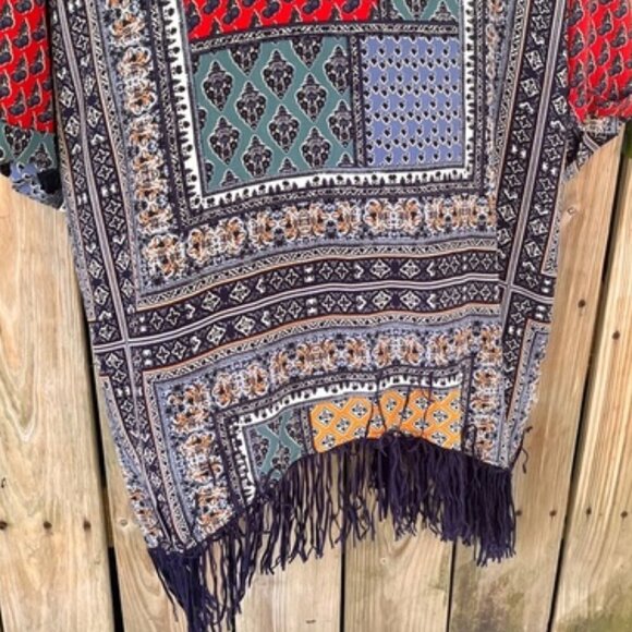 Umgee Multicolor Boho Patchwork Open Front Longline Kimono with Fringe XL/1XL - Picture 6 of 10
